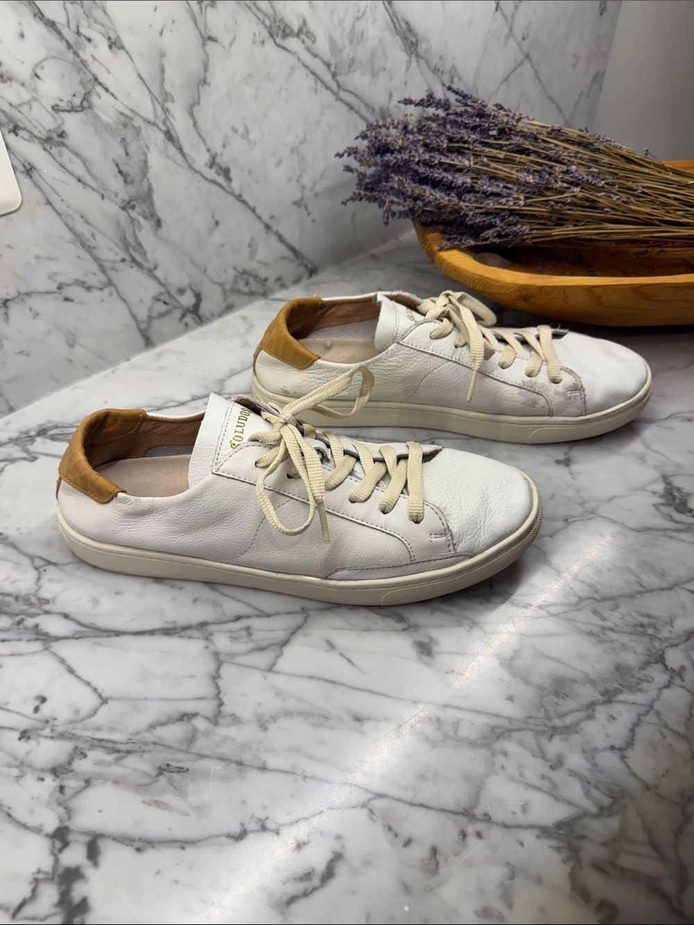 Soludos Ibiza Classic White Leather Sneakers with Tan Heel Accent